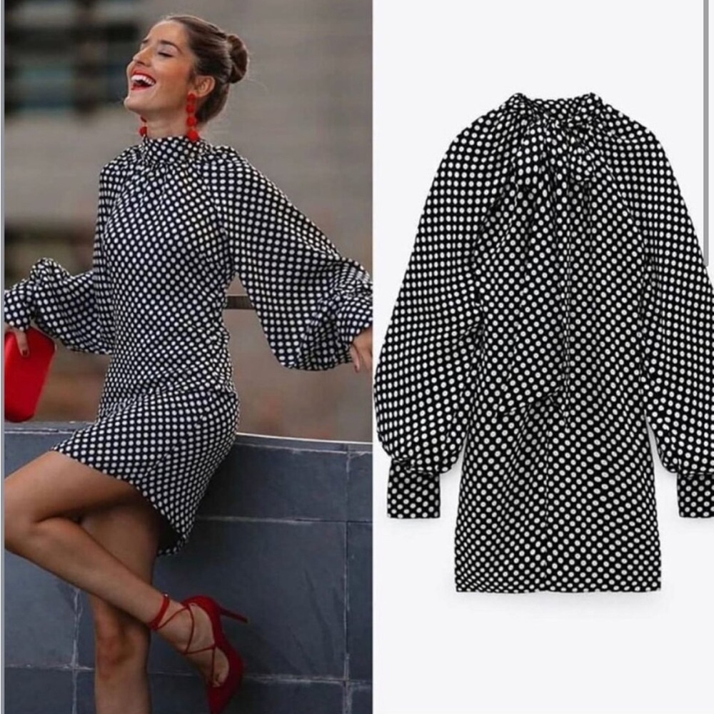 Zara Black & White Polka Dot Puff-Sleeve Mini Dress